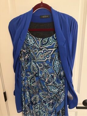 august silk blue paisley dress with cobalt drape cardigan